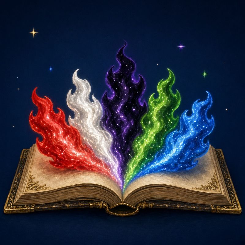Mage's Den logo: an open spellbook with red, white, black, green and blue flames rising from its pages